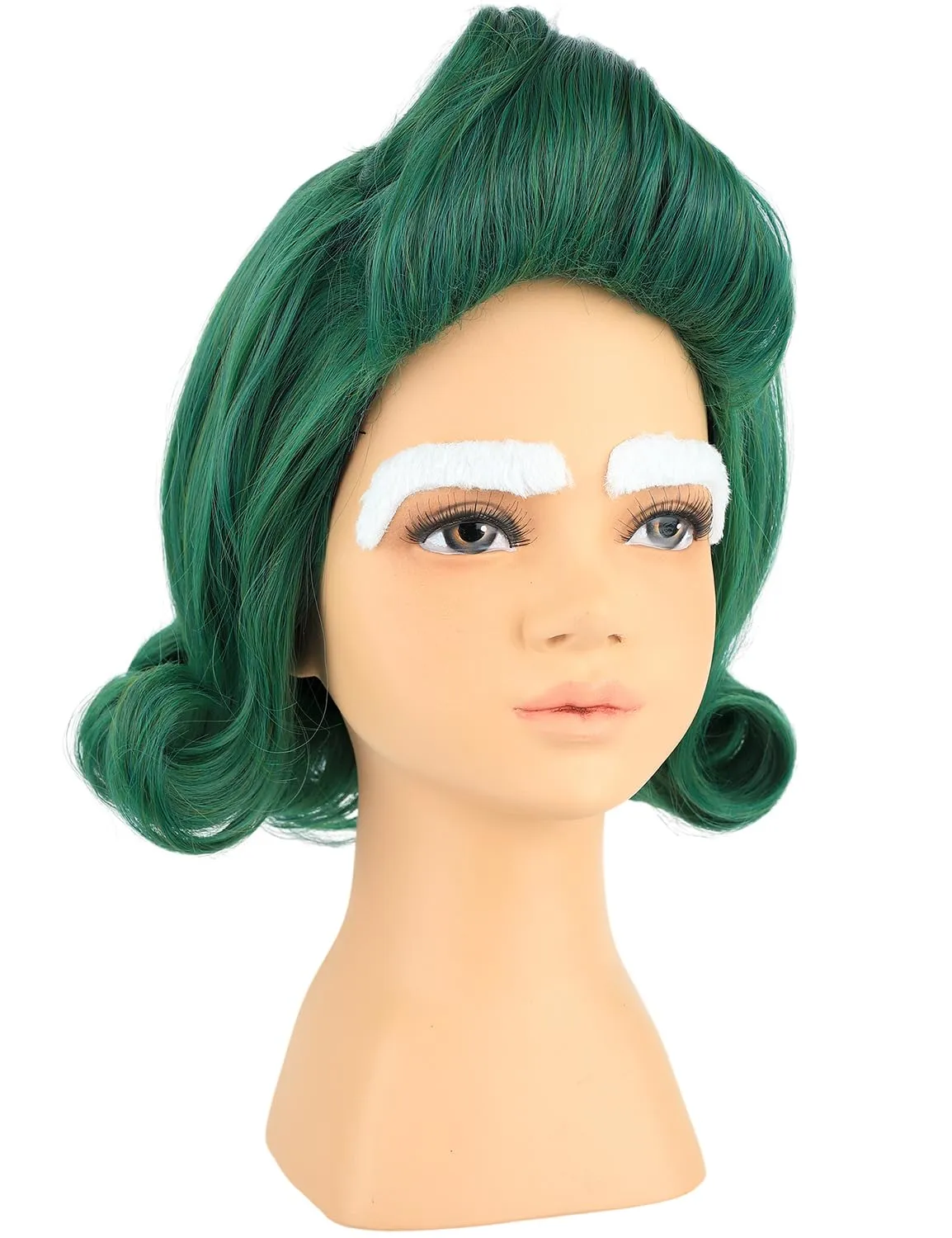 Kids Short Green Cosplay Wig with White Eyebrows for Halloween Costume Party (Kids Green Wig)