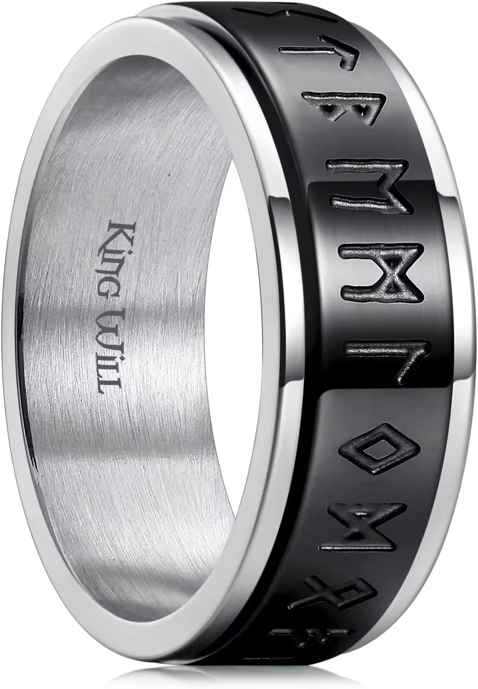 King Will 8mm Black/Silver Spinner Stainless Steel Ring Fidget Ring Anxiety Ring for Men Brushed Greek Key/Viking Pattern/Roman Numerals/Hammered Relieving Stress Ring