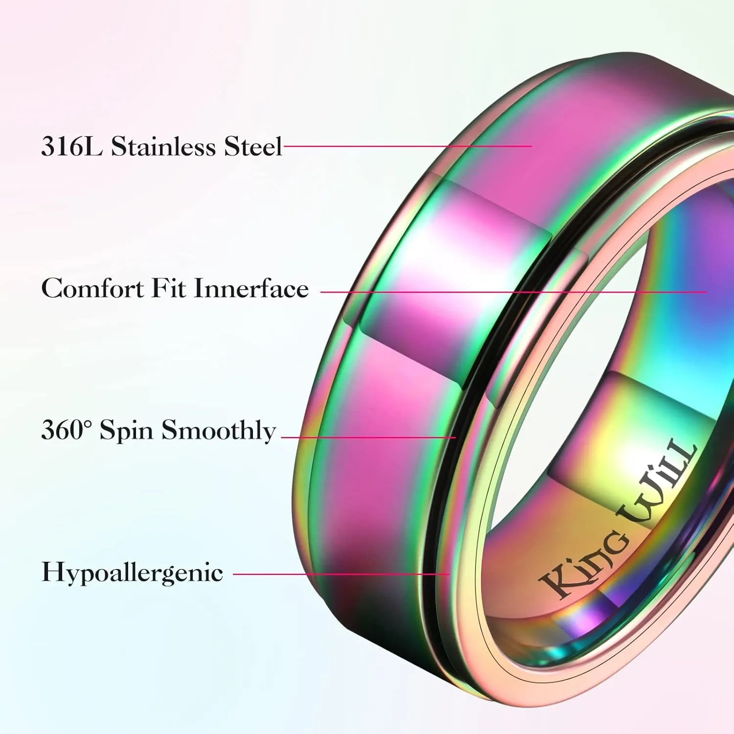 King Will 8mm Black/Silver/Gold Stainless Steel Spinner Ring For Men Women Stress Anxiety Relief Fidget Ring Unisex Adults Teens Brushed/Sand Blast/Cross Sand/Polished/Grooved Center Comfort Fit