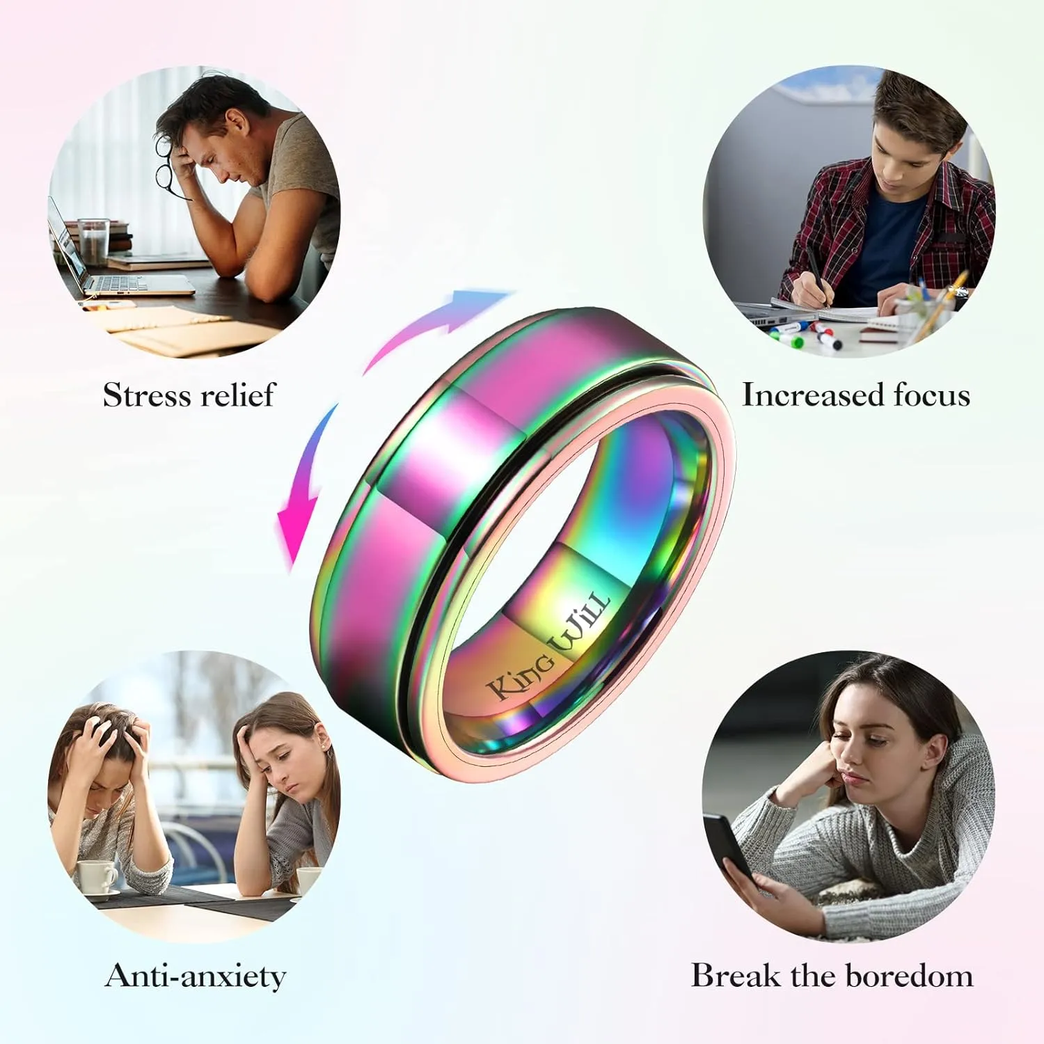 King Will 8mm Black/Silver/Gold Stainless Steel Spinner Ring For Men Women Stress Anxiety Relief Fidget Ring Unisex Adults Teens Brushed/Sand Blast/Cross Sand/Polished/Grooved Center Comfort Fit