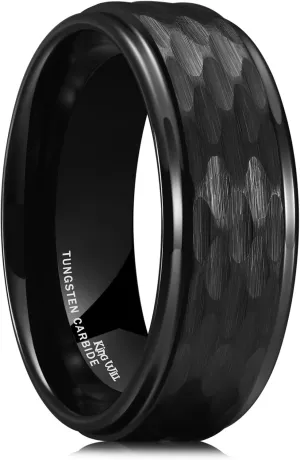 King Will Hammered 8mm Silver Tungsten Ring Hammer Multi-Faceted Men Wedding Band Polished Domed Brushed Step Edge Comfort Fit