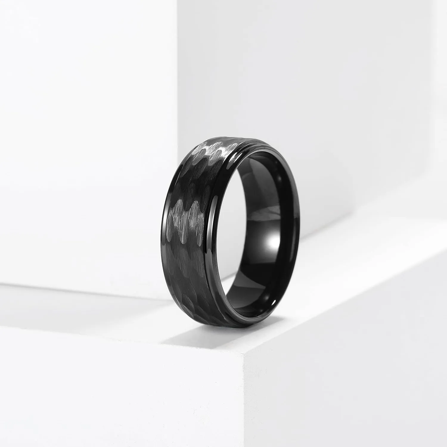 King Will Hammered 8mm Silver Tungsten Ring Hammer Multi-Faceted Men Wedding Band Polished Domed Brushed Step Edge Comfort Fit