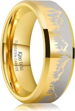 King Will Mens 6mm 8mm Black Silver Tungsten Carbide Wedding Bands Inlay Lasered Seagull/Forest Landscap/Panda/Deer/Hunting/Fly Fishing Brushed Wedding Rings for Men Women