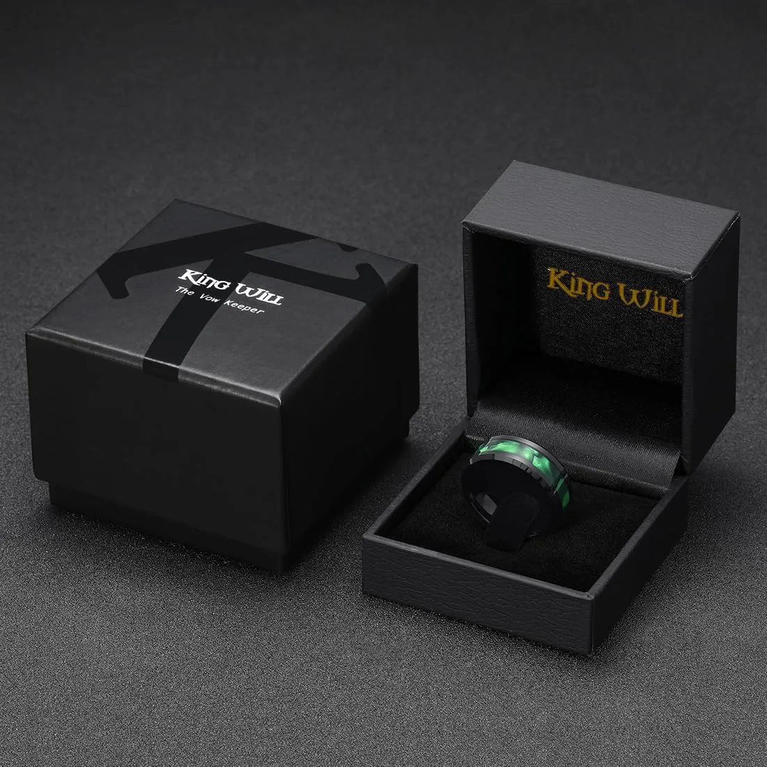 King Will Tungsten Carbide Wedding Band for Men - 8mm Black High Polished Inlay Green/Black Olive Shell Texture Patterns for Everyday Wear Comfort Fit