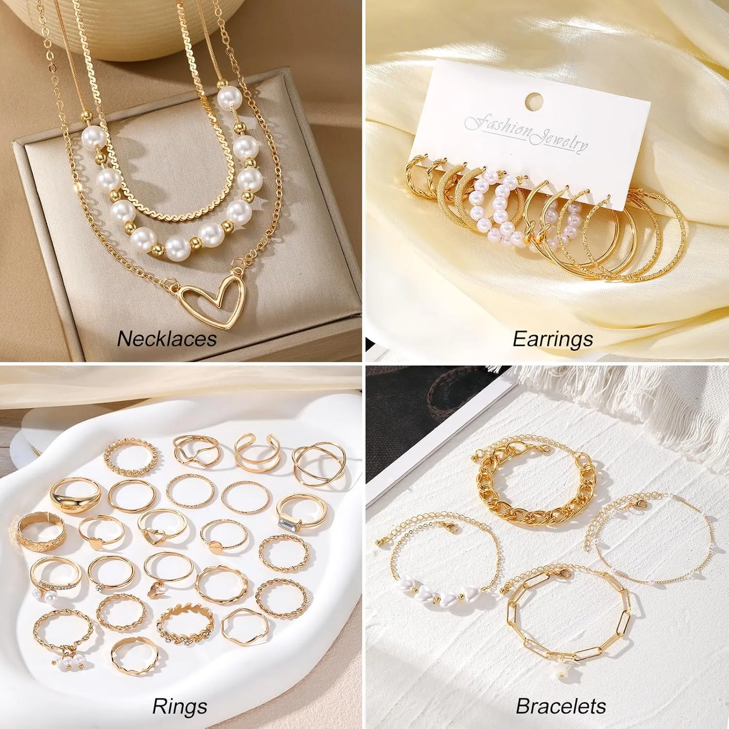 KISS WIFE Gold Plated Jewelry Set for Women with Multi Layered Necklaces, Stackable Bracelets, Knuckle Rings, Hoop Earrings Sets, Fashion Outfit Accessories Jewelry Packs, Gifts for Women