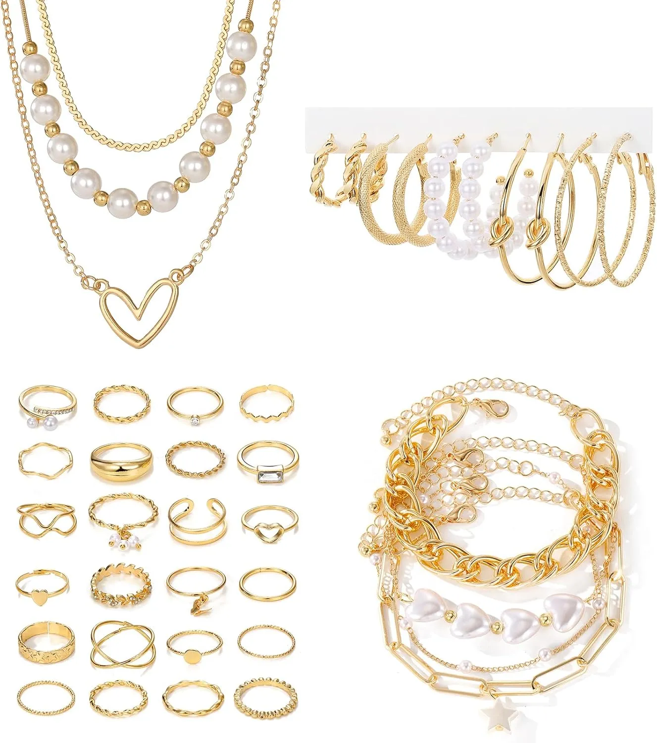 KISS WIFE Gold Plated Jewelry Set for Women with Multi Layered Necklaces, Stackable Bracelets, Knuckle Rings, Hoop Earrings Sets, Fashion Outfit Accessories Jewelry Packs, Gifts for Women