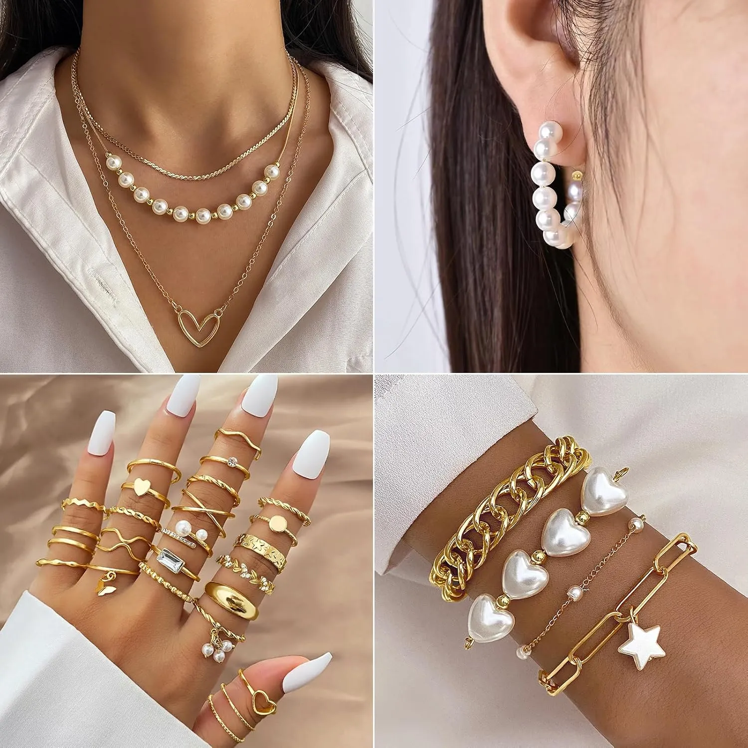 KISS WIFE Gold Plated Jewelry Set for Women with Multi Layered Necklaces, Stackable Bracelets, Knuckle Rings, Hoop Earrings Sets, Fashion Outfit Accessories Jewelry Packs, Gifts for Women