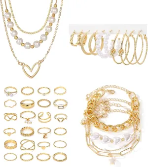 KISS WIFE Gold Plated Jewelry Set for Women with Multi Layered Necklaces, Stackable Bracelets, Knuckle Rings, Hoop Earrings Sets, Fashion Outfit Accessories Jewelry Packs, Gifts for Women