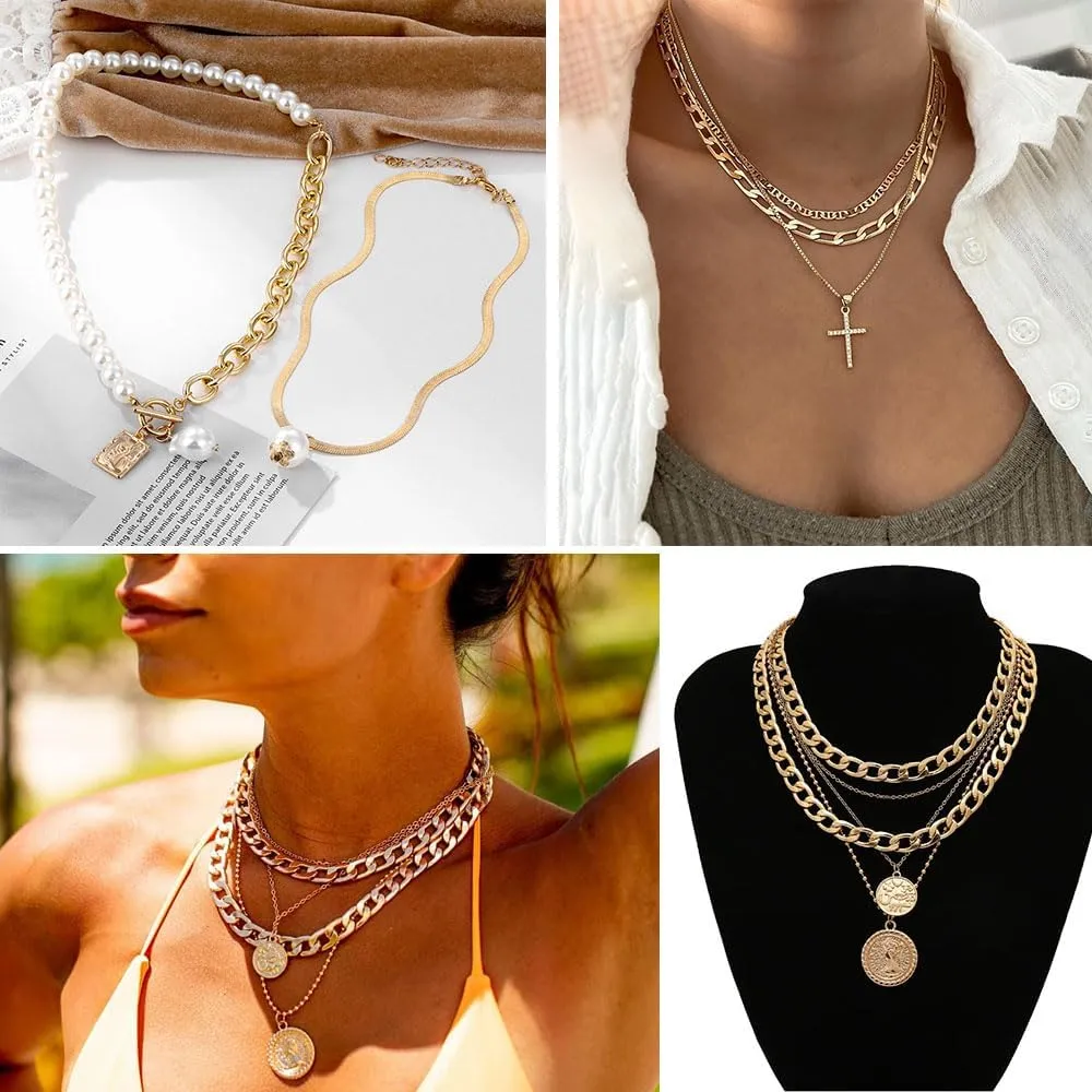 KISS WIFE Gold Plated Jewelry Set for Women with Multi Layered Necklaces, Stackable Bracelets, Knuckle Rings, Hoop Earrings Sets, Fashion Outfit Accessories Jewelry Packs, Gifts for Women