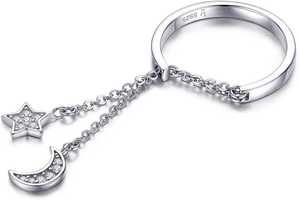Kokoma Fashion CZ Moon Star Eternity Promise Ring Sterling Silver Adjustable Crystal Tassel Chain Wedding Statement Rings Finger Tail Band Cute Jewelry Gifts
