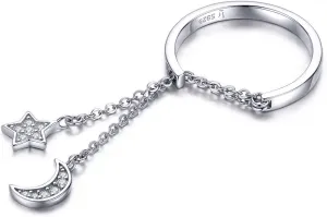 Kokoma Fashion CZ Moon Star Eternity Promise Ring Sterling Silver Adjustable Crystal Tassel Chain Wedding Statement Rings Finger Tail Band Cute Jewelry Gifts