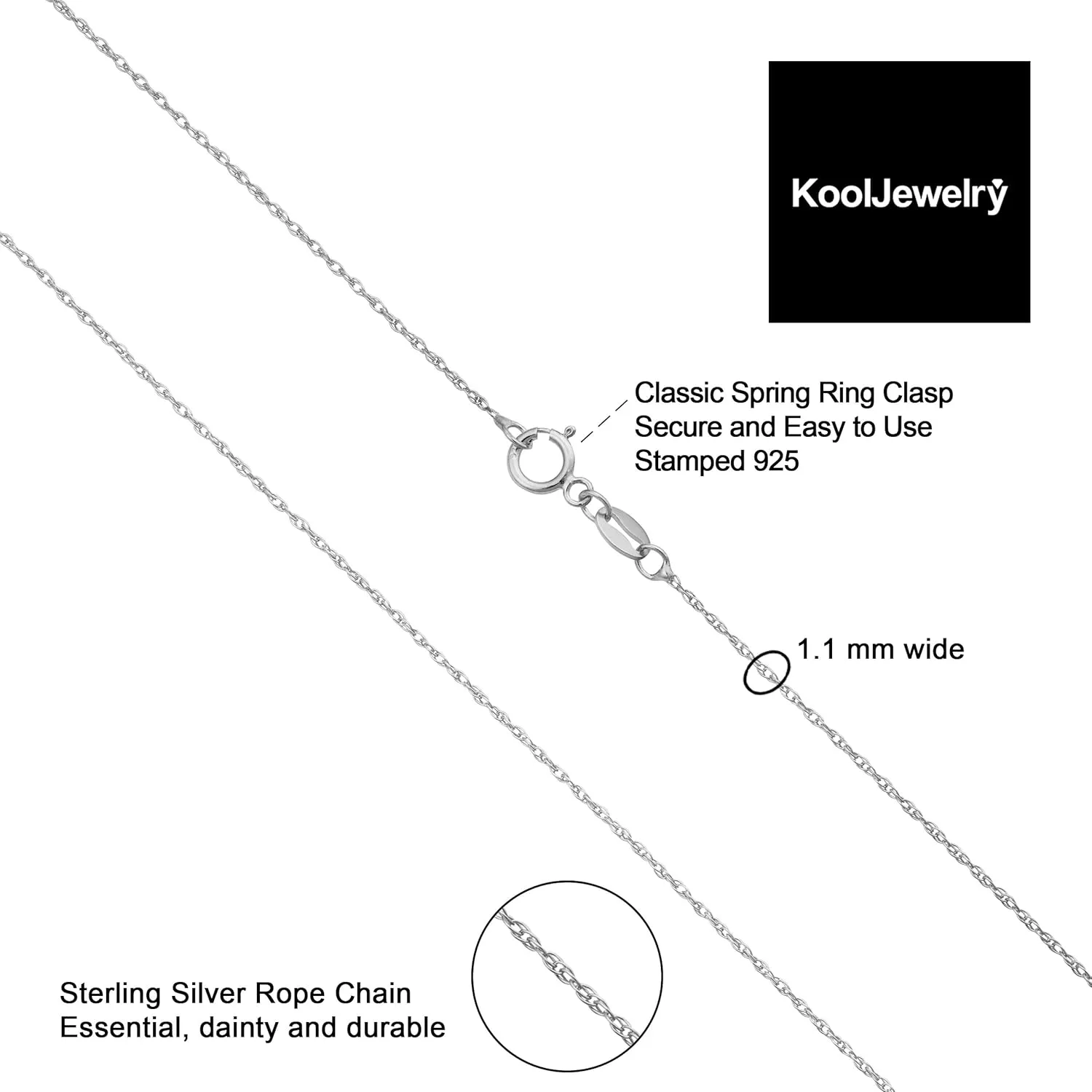 Kooljewelry Sterling Silver or Yellow Gold and Sterling Silver Rope Chain Necklace For Women (1.1 mm, 1.5 mm, 1.8 mm or 2.4 mm - Sizes from 14 to 30 inches long)