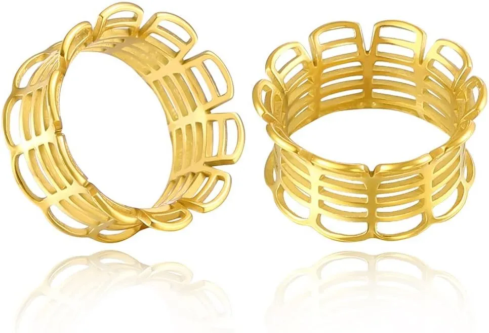 LADEMAYH 2Pcs Hollow Style 1 inch Gauges for Ears, Grille Design Gold 25mm Gauges for Ears, Ventilated Surgical Steel Plugs Tunnels Ear Gauges Earrings Body Jewelry