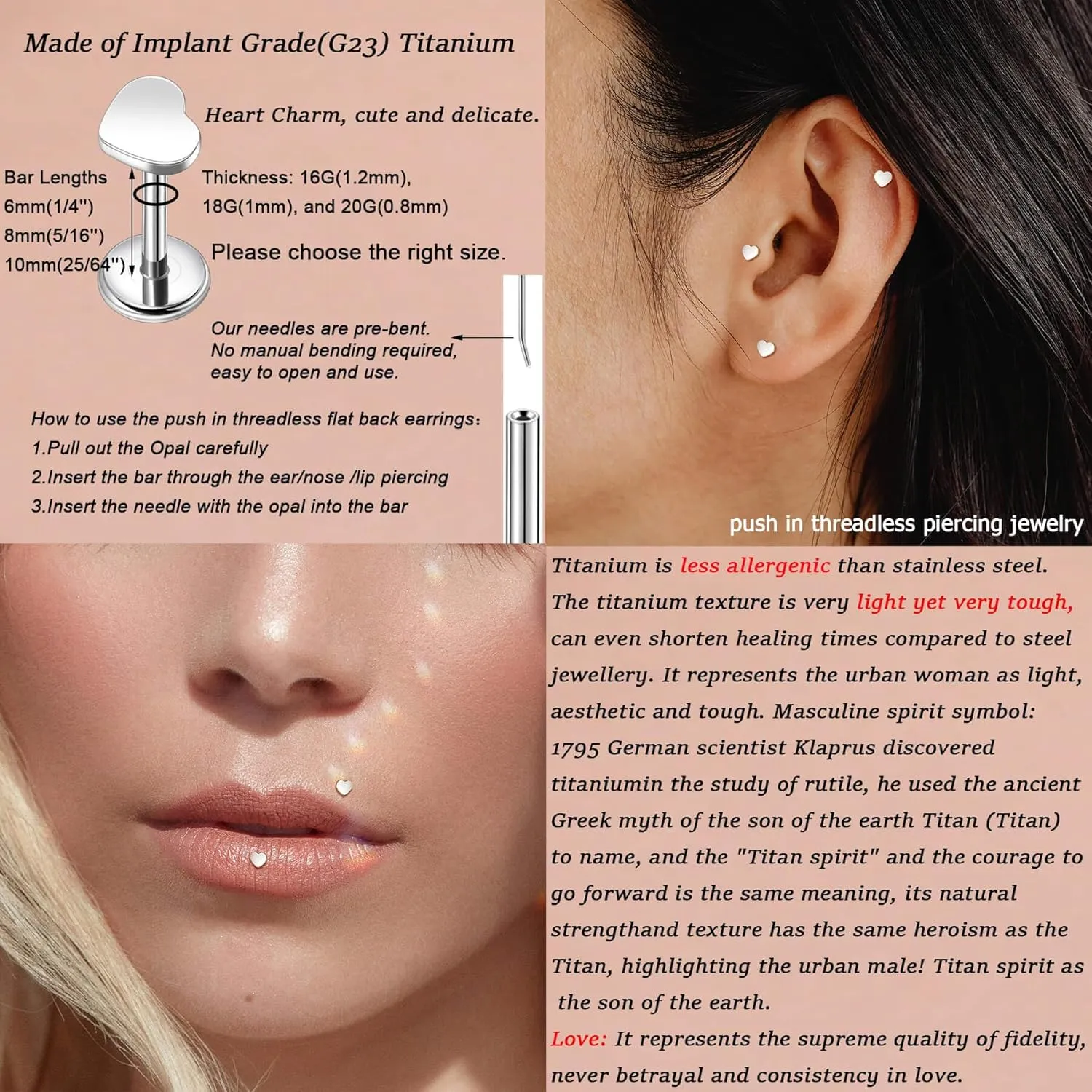 Lantine Antlers Heart Lightning Lip Labret Medusa Monroe Helix Daith Cartilage Conch 2nd 3rd Lobe Piercing Jewelry Implant Grade Titanium Cz Push in Flat Back Stud Earrings