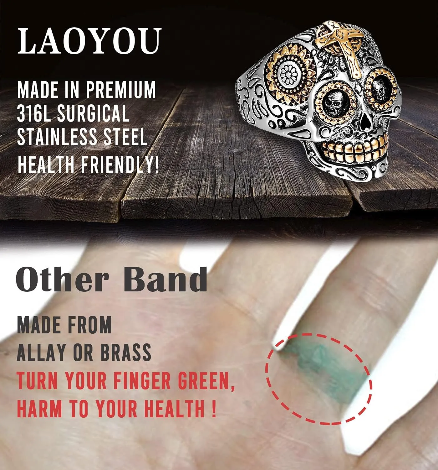 LAOYOU Sugar Skull Rings for Men Women, Stainless Steel Day of The Dead Mens Jewelry, Cool Biker Gothic Ring Christmas