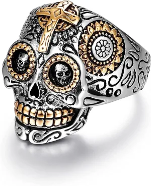LAOYOU Sugar Skull Rings for Men Women, Stainless Steel Day of The Dead Mens Jewelry, Cool Biker Gothic Ring Christmas