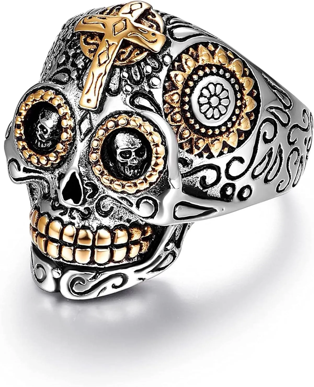 LAOYOU Sugar Skull Rings for Men Women, Stainless Steel Day of The Dead Mens Jewelry, Cool Biker Gothic Ring Christmas