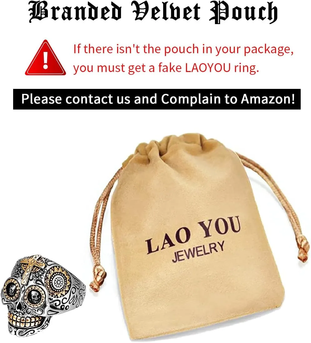 LAOYOU Sugar Skull Rings for Men Women, Stainless Steel Day of The Dead Mens Jewelry, Cool Biker Gothic Ring Christmas