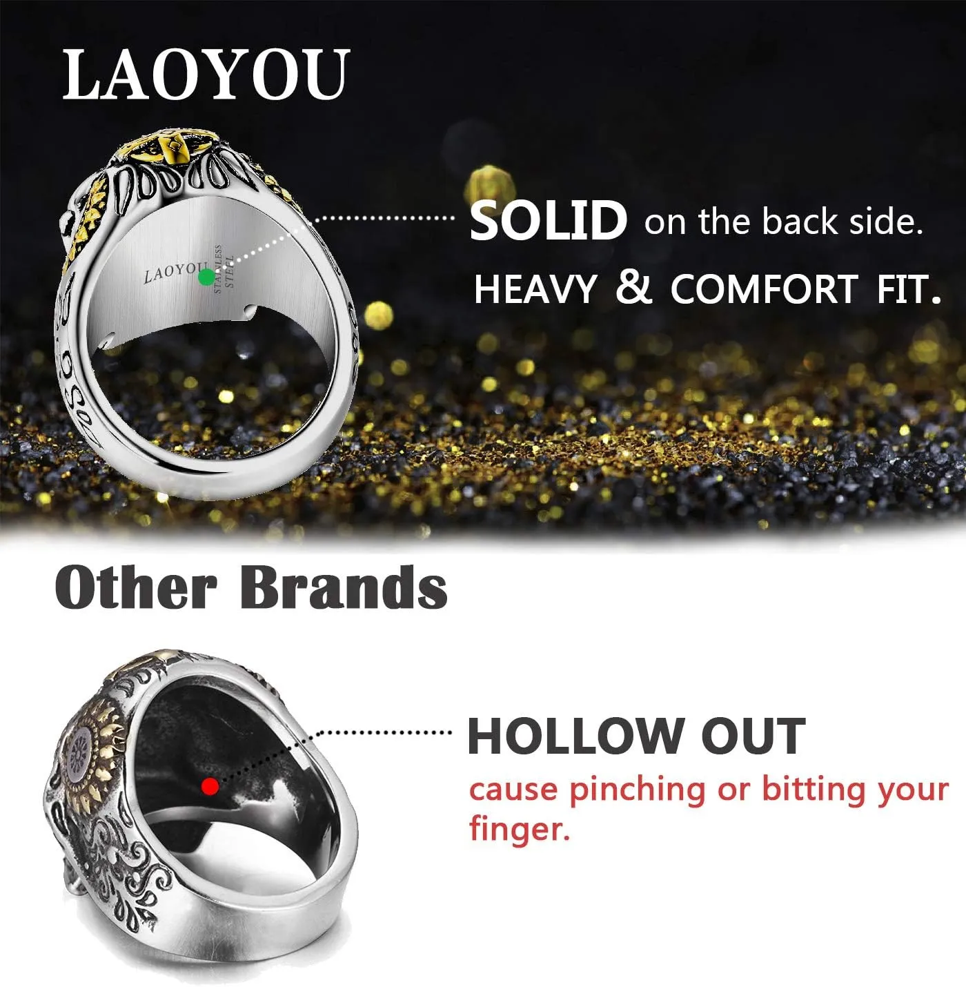 LAOYOU Sugar Skull Rings for Men Women, Stainless Steel Day of The Dead Mens Jewelry, Cool Biker Gothic Ring Christmas