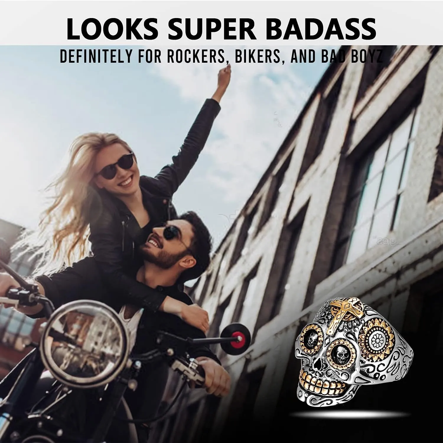 LAOYOU Sugar Skull Rings for Men Women, Stainless Steel Day of The Dead Mens Jewelry, Cool Biker Gothic Ring Christmas
