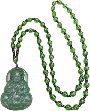 Laughing Buddha Pendant Necklace Green Black Imitation Jade Buddha Guanyin Crystal Beaded Rope Chain Gemstone Lucky Amulet Jewelry for Women Men-Green guanyin