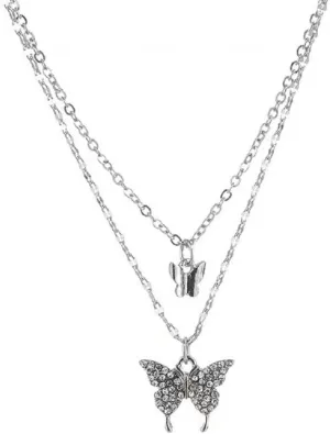 Layered Bohemian Butterfly Pendant Necklace Choker Silver Crystal Chain Necklace Jewelry for Women