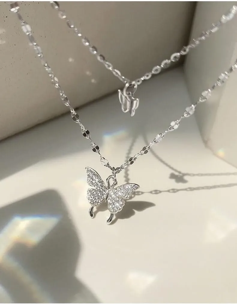 Layered Bohemian Butterfly Pendant Necklace Choker Silver Crystal Chain Necklace Jewelry for Women