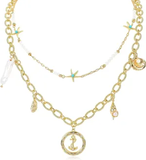 Layered Gold Anchor Pendant Necklace for Women with Dangle Starfish Shell Charm Pearl Choker Necklace Adjustable 14K Gold Plated Paperclip Link Chain Sea Star Summer Beach Ocean Jewelry Gift for Teen