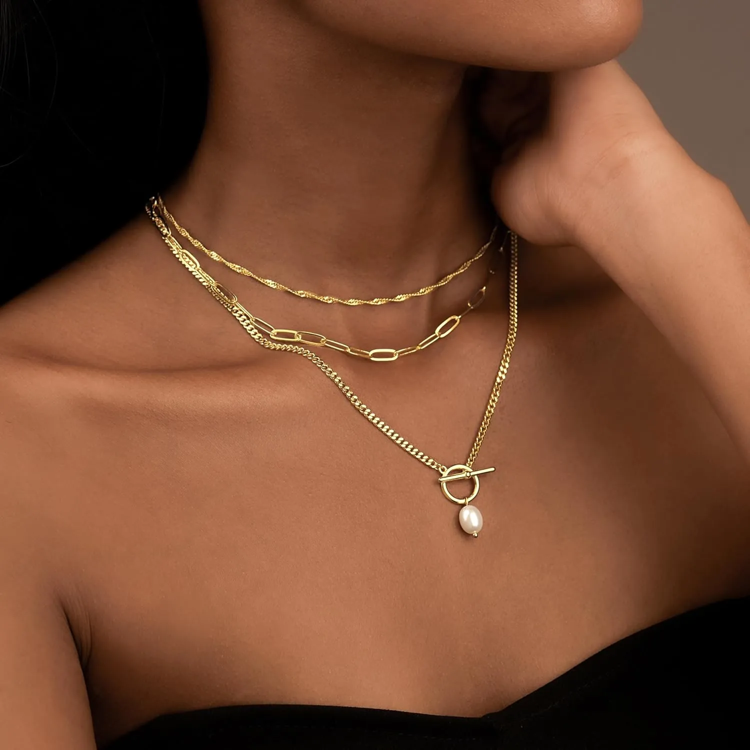 Layered Gold Necklaces for Women,Stackable Dainty 14K Gold Silver Plated Trendy Circle Paperclip Chain Pendant Choker Necklace,Simpl Diamond Cross Bow Jewelry Set Gifts for Women