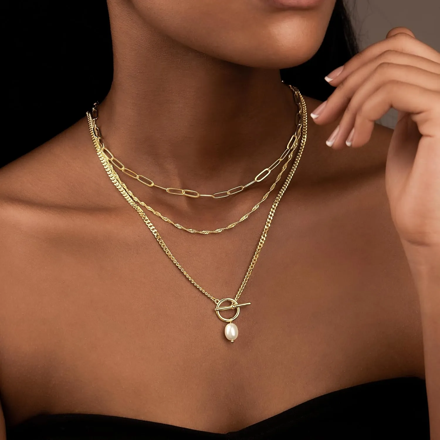 Layered Gold Necklaces for Women,Stackable Dainty 14K Gold Silver Plated Trendy Circle Paperclip Chain Pendant Choker Necklace,Simpl Diamond Cross Bow Jewelry Set Gifts for Women