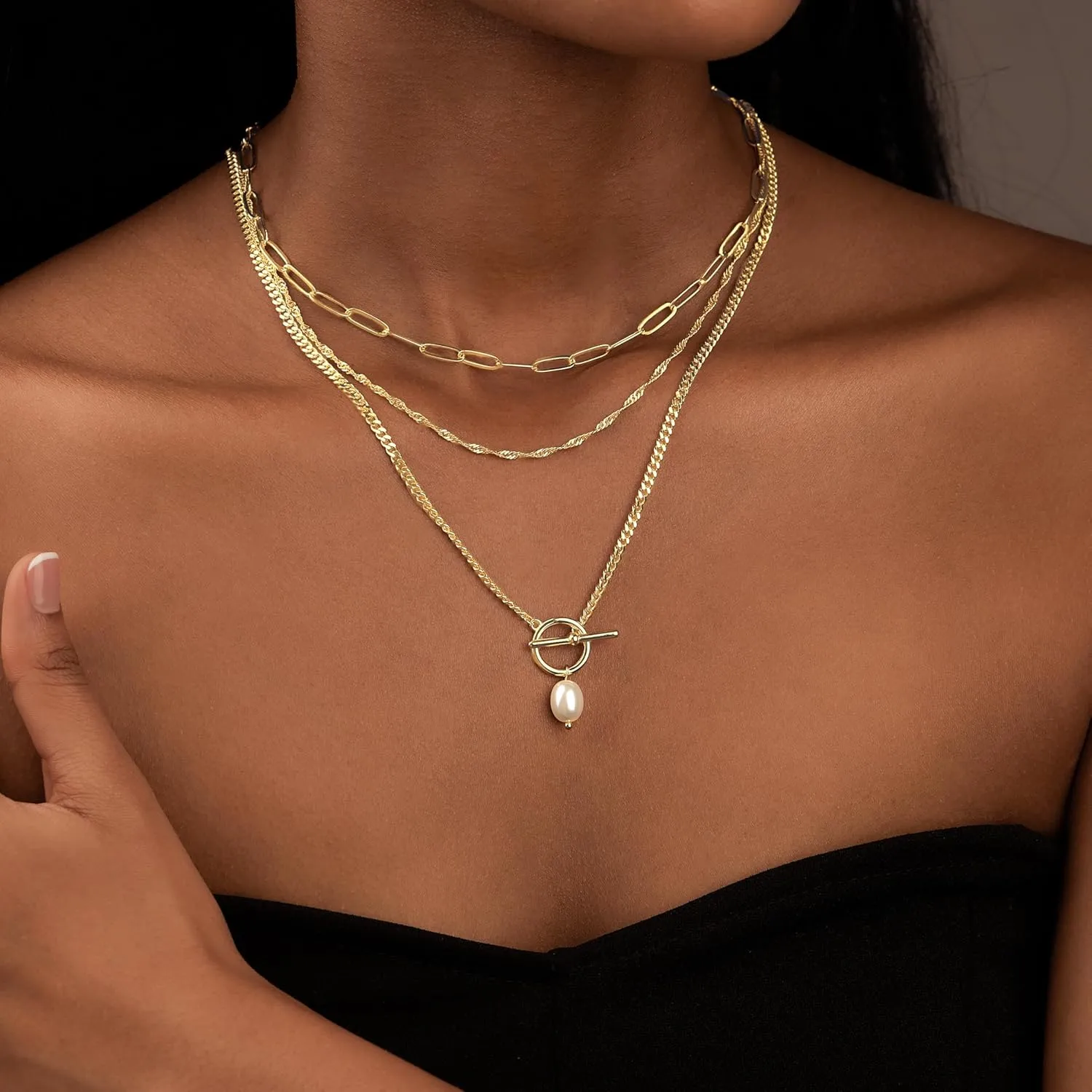 Layered Gold Necklaces for Women,Stackable Dainty 14K Gold Silver Plated Trendy Circle Paperclip Chain Pendant Choker Necklace,Simpl Diamond Cross Bow Jewelry Set Gifts for Women