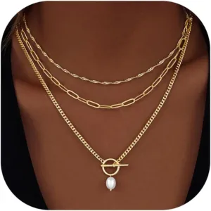 Layered Gold Necklaces for Women,Stackable Dainty 14K Gold Silver Plated Trendy Circle Paperclip Chain Pendant Choker Necklace,Simpl Diamond Cross Bow Jewelry Set Gifts for Women