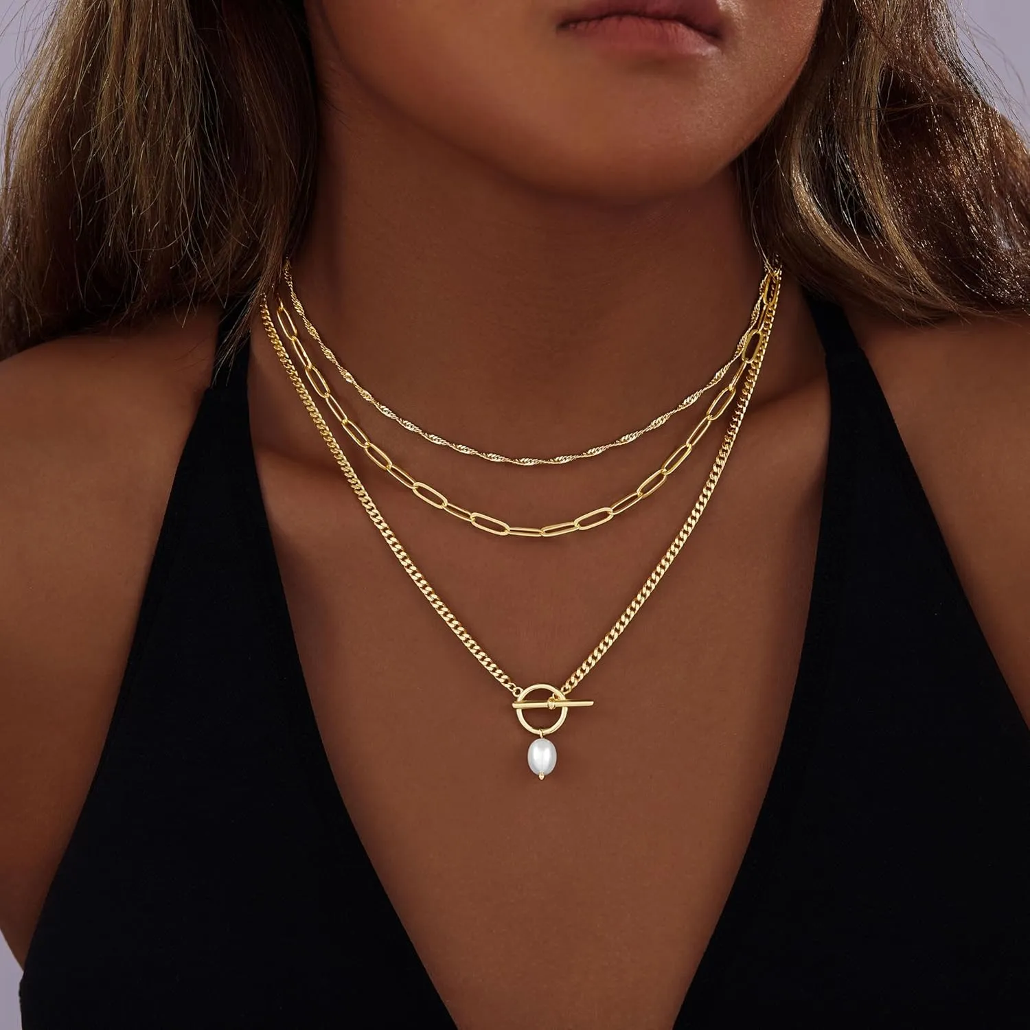 Layered Gold Necklaces for Women,Stackable Dainty 14K Gold Silver Plated Trendy Circle Paperclip Chain Pendant Choker Necklace,Simpl Diamond Cross Bow Jewelry Set Gifts for Women