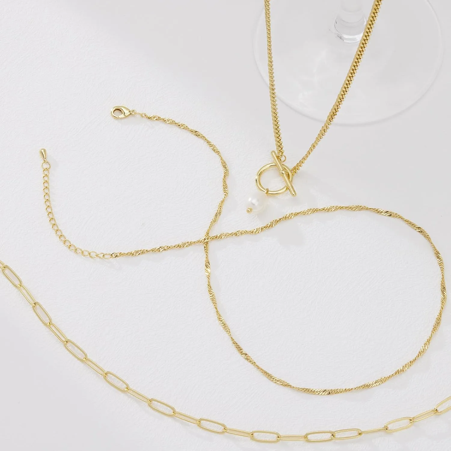 Layered Gold Necklaces for Women,Stackable Dainty 14K Gold Silver Plated Trendy Circle Paperclip Chain Pendant Choker Necklace,Simpl Diamond Cross Bow Jewelry Set Gifts for Women