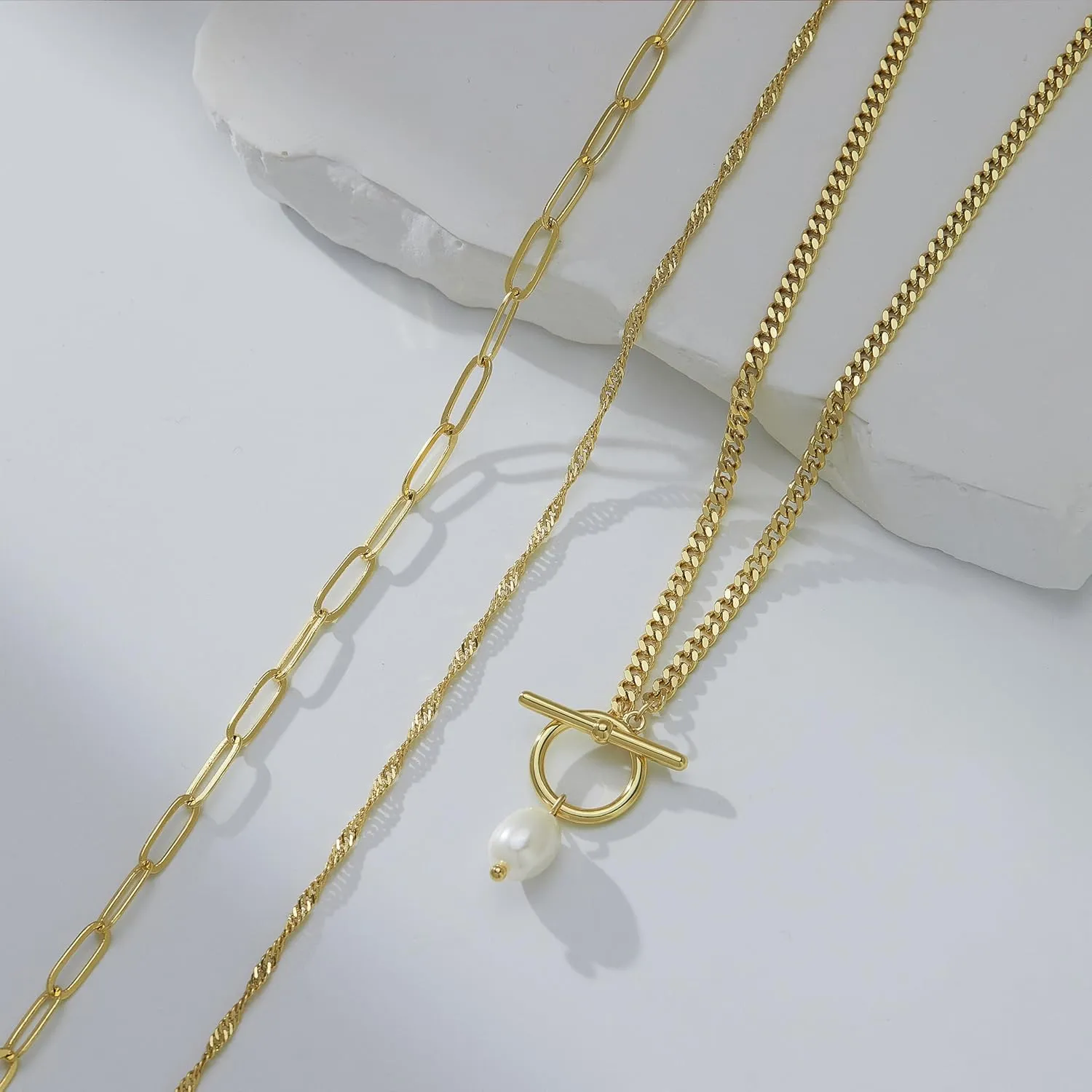 Layered Gold Necklaces for Women,Stackable Dainty 14K Gold Silver Plated Trendy Circle Paperclip Chain Pendant Choker Necklace,Simpl Diamond Cross Bow Jewelry Set Gifts for Women