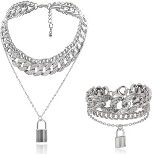 Layered Hip Hop Chunky Cuban Link Chain Rhinestone Beads Lock Pendant Necklace Bracelet for Women Men Shiny Crystal Bling Punk Cool Unisex Jewelry Set Nightclub Bar Accessory