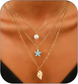 Layered Shell Conch Starfish Pendant Necklace for Women, Dainty Seashell Star Pearl Choker Gold Link Chain Necklace Boho Stacked Beach Holiday Jewelry