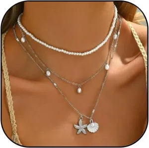 Layered Starfish Necklace for Women Gold Seashell Starfish Conch Charm Pendant Necklace Silver Layered Pearl Beaded Choker Necklace Summer Surfer Jewelry Gifts for Women