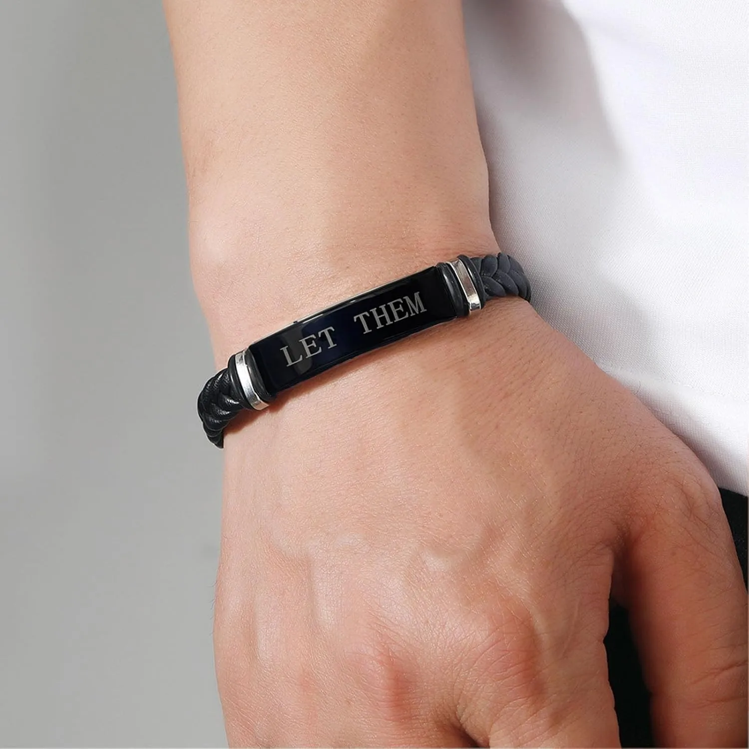 Let Them Infinity Leather Bracelet, Self Worth Motivation Bracelet Stainless Steel Black Braided Leather Bangle Bracelets Handmade Engraved Inspirational Friendship Jewelry Gift for Men