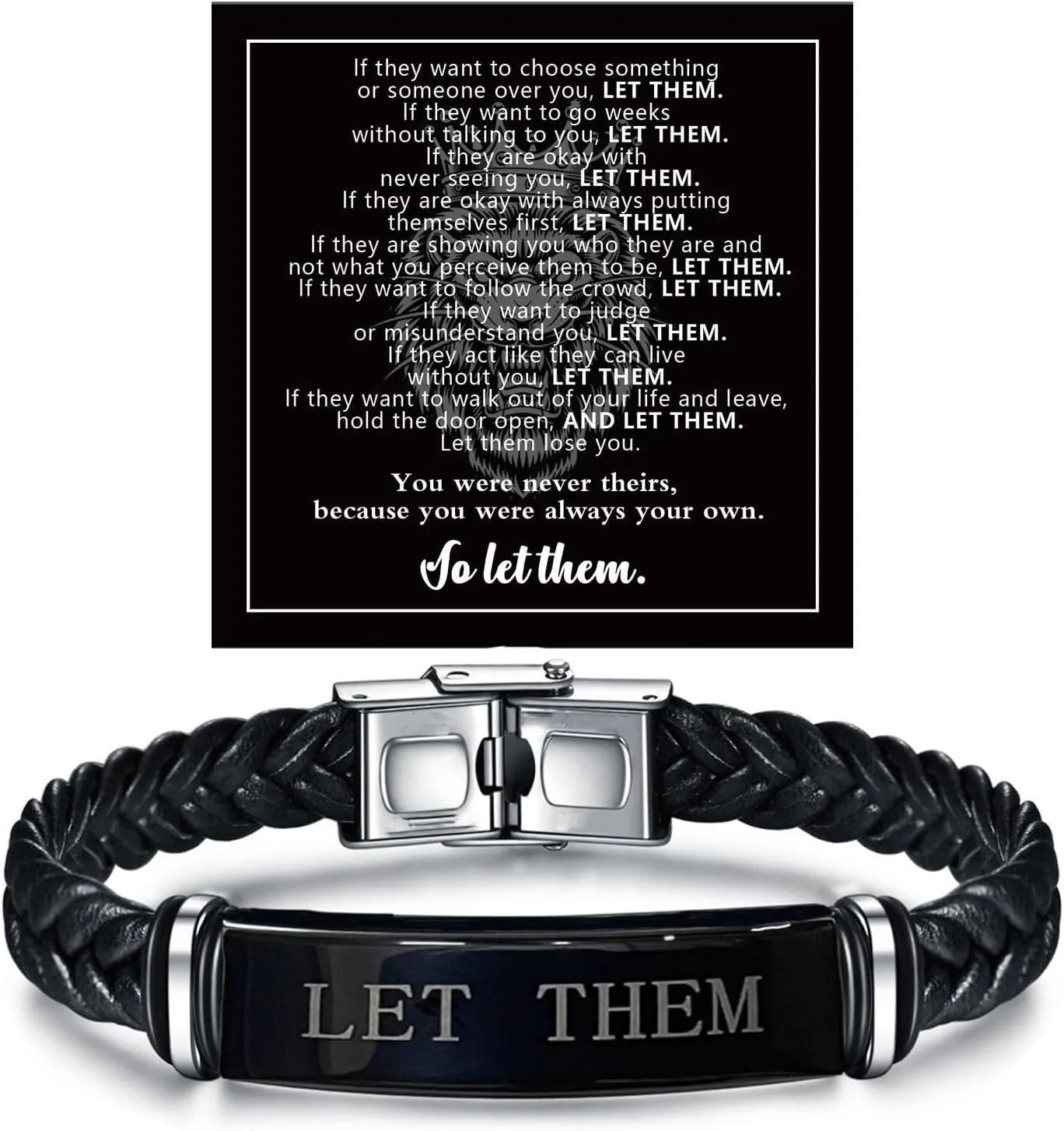 Let Them Infinity Leather Bracelet, Self Worth Motivation Bracelet Stainless Steel Black Braided Leather Bangle Bracelets Handmade Engraved Inspirational Friendship Jewelry Gift for Men