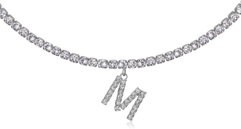 Letter Necklace 14k Gold Plated Tennis Chain Initial Choker Bling Iced CZ Diamond Necklace for Women