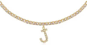 Letter Necklace 14k Gold Plated Tennis Chain Initial Choker Bling Iced CZ Diamond Necklace for Women