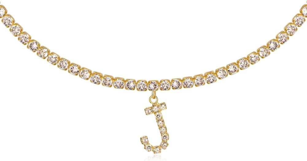Letter Necklace 14k Gold Plated Tennis Chain Initial Choker Bling Iced CZ Diamond Necklace for Women