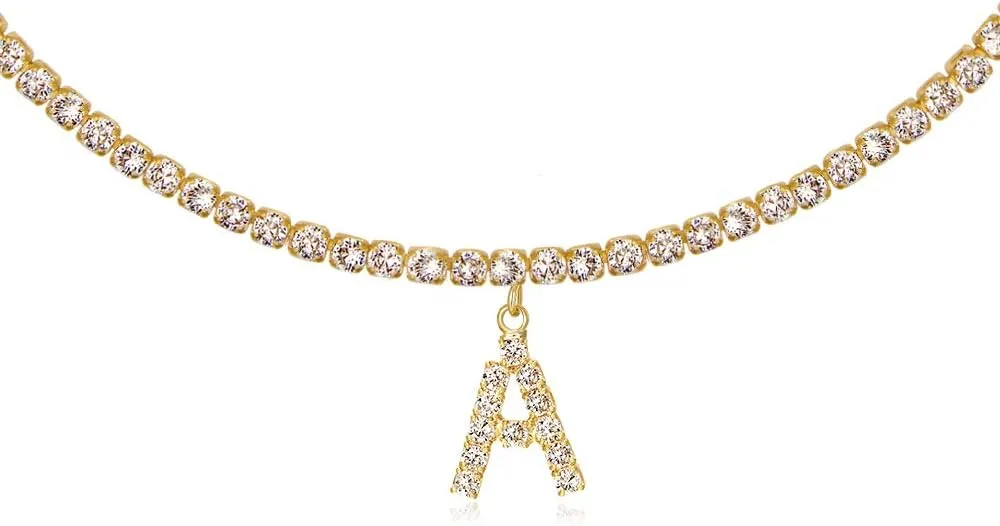 Letter Necklace 14k Gold Plated Tennis Chain Initial Choker Bling Iced CZ Diamond Necklace for Women