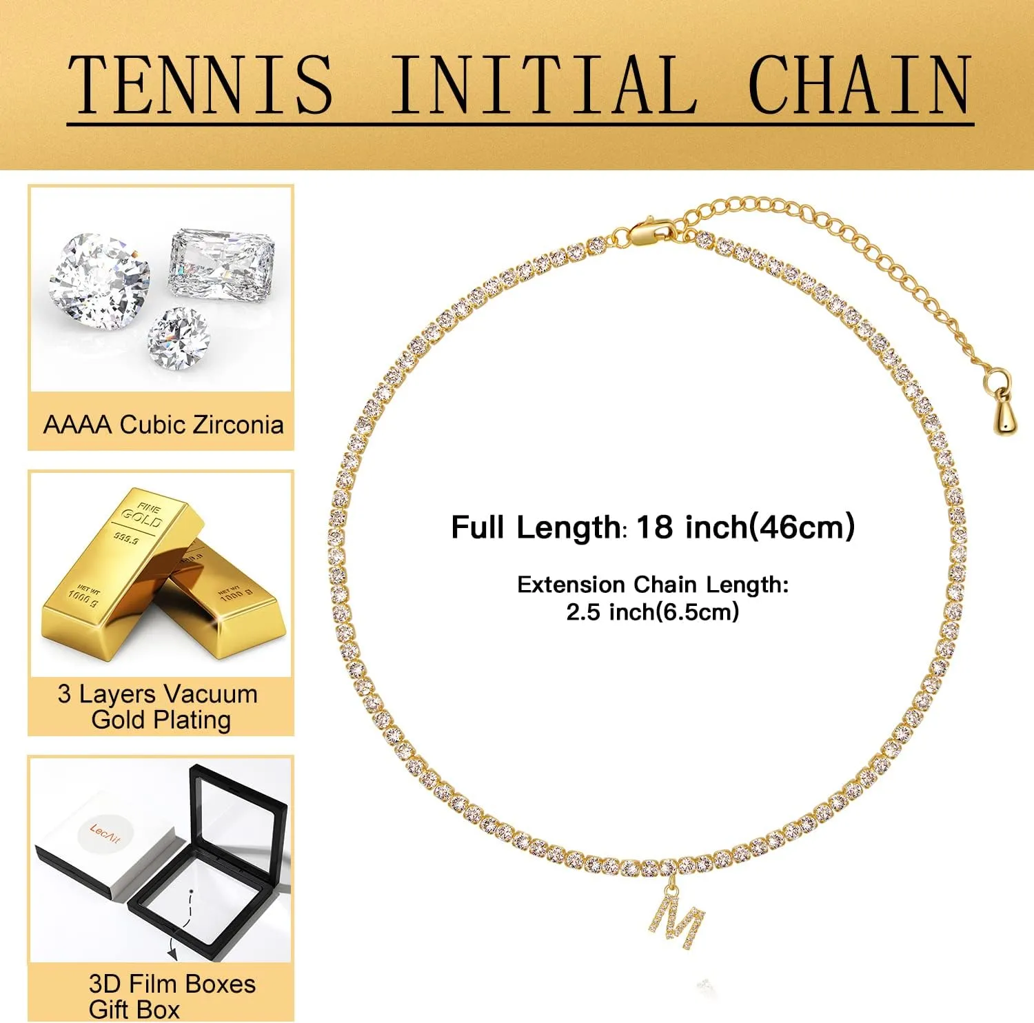 Letter Necklace 14k Gold Plated Tennis Chain Initial Choker Bling Iced CZ Diamond Necklace for Women