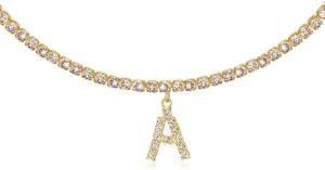 Letter Necklace 14k Gold Plated Tennis Chain Initial Choker Bling Iced CZ Diamond Necklace for Women