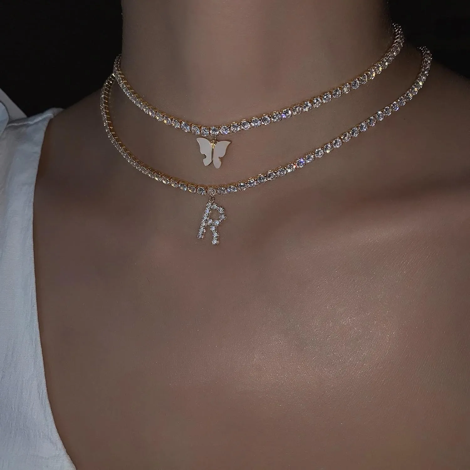Letter Necklace 14k Gold Plated Tennis Chain Initial Choker Bling Iced CZ Diamond Necklace for Women