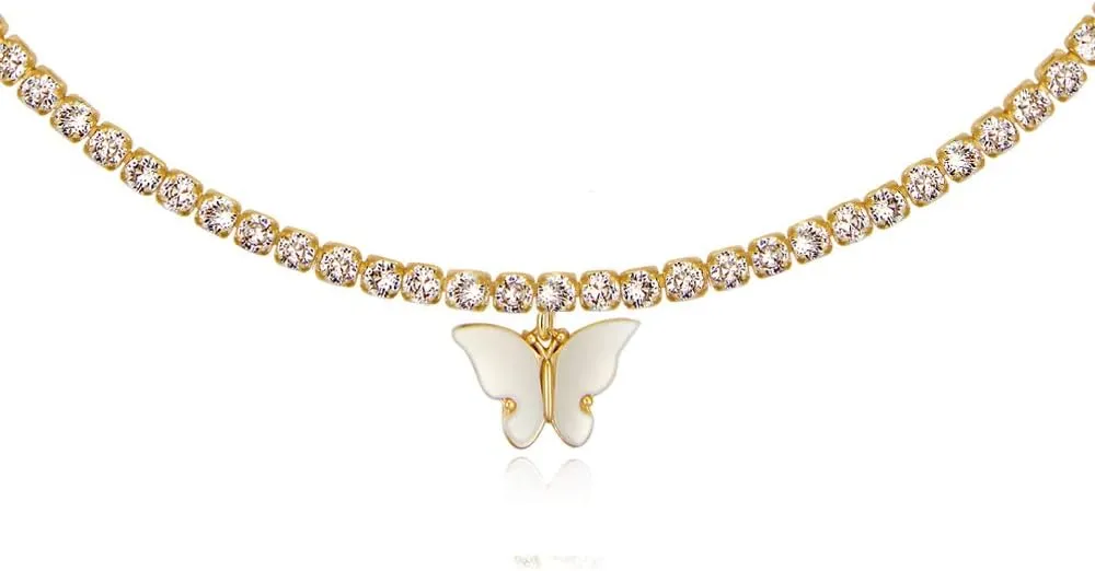 Letter Necklace 14k Gold Plated Tennis Chain Initial Choker Bling Iced CZ Diamond Necklace for Women