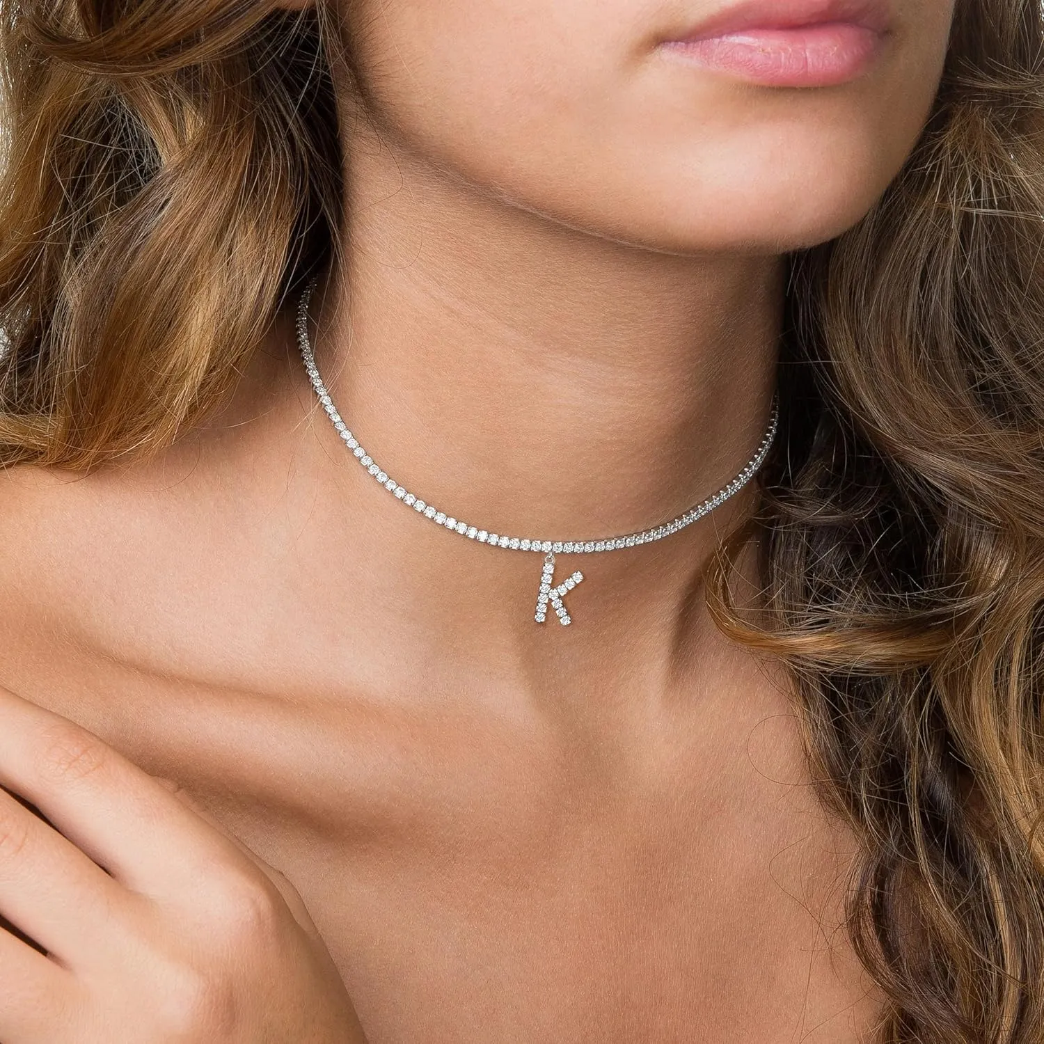 Letter Necklace 14k Gold Plated Tennis Chain Initial Choker Bling Iced CZ Diamond Necklace for Women