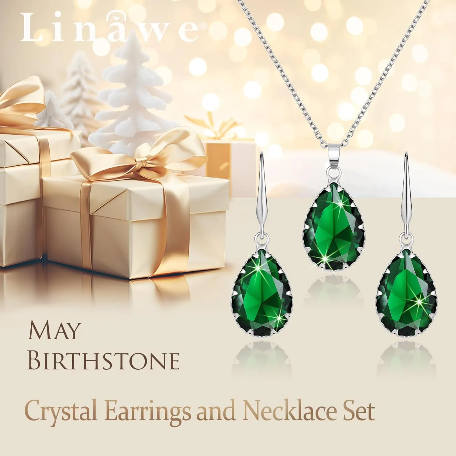 Linawe Crystal Jewelry Sets for Women, Imitation Diamond Pendant Necklace, Rhinestone Drop Dangle Earrings, Birthstone Cubic Zirconia Matching Wedding Jewelry, 14K Gold/Rose Gold/Silver Tones